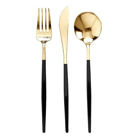 Smarty Had A Party Gold with Black Handle Moderno Plastic Cutlery Set - Spoons, Forks and Knives (240 Guests), 720PK 9320-GBSCS-CASE